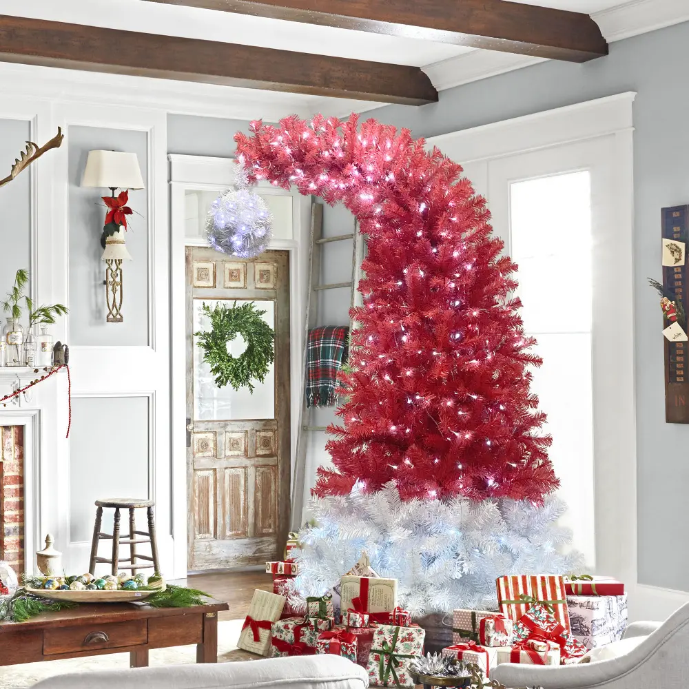6FT Hinged Fir Artificial Fir Bent Top Christmas Tree, Christmas Tree Holiday Decoration,1250 Lush Branch Tips, 300 LED Lights