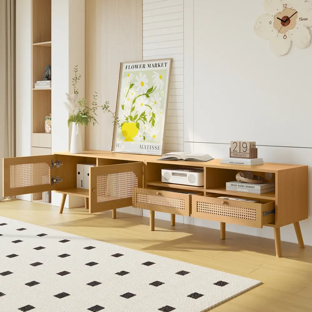Bohemian Style TV Stand for TVs Up To 85 Inches, Entertainment Center with Solid Wood Legs, Living Room TV Stand Tv Stand