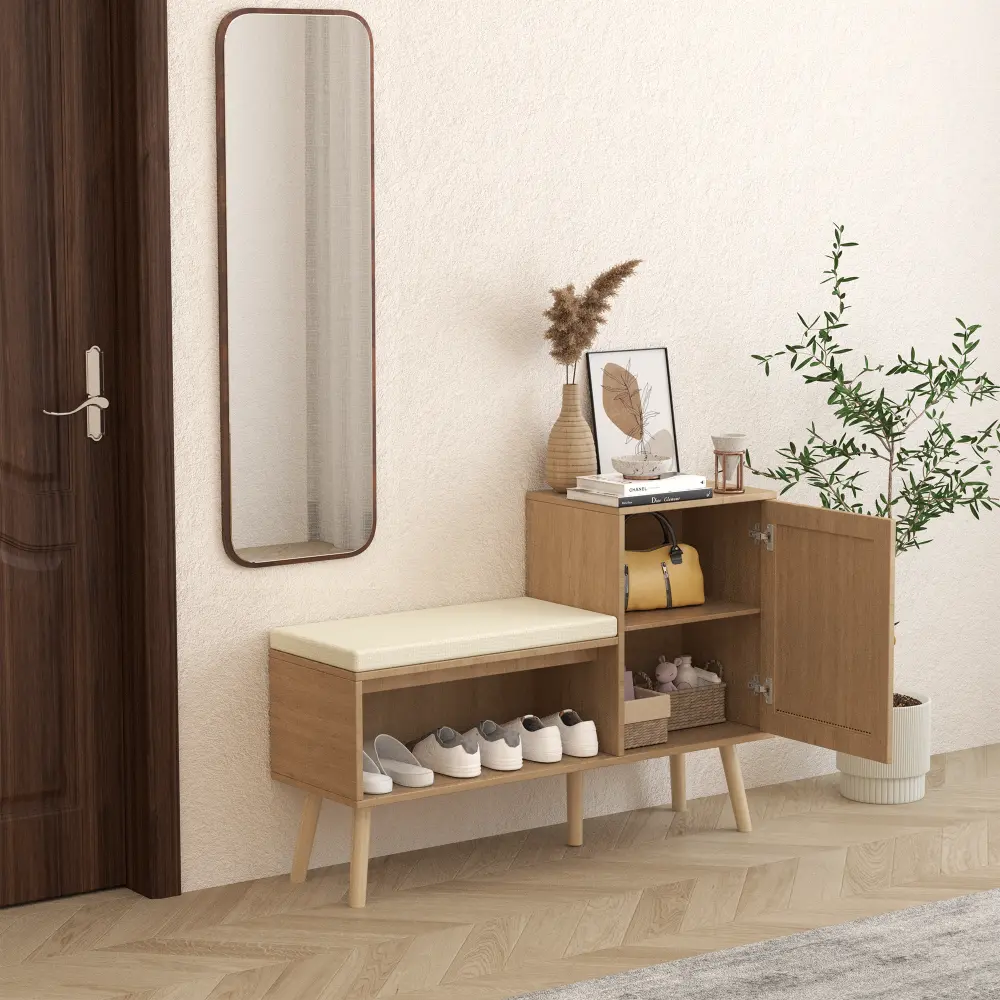 2-in-1 Shoe Cabinet, Natural Rattan Shoe Cabinet with 2 Adjustable Shelves and Removable Seat Cushion Shoe Rack