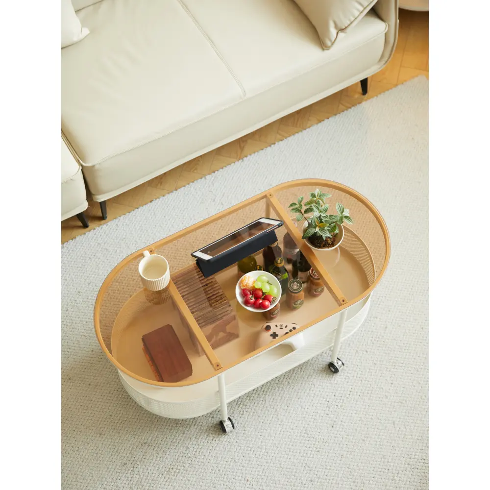Movable Oval Metal Glass Coffee Table with Storage Coffee Tables  Glass Coffee Table