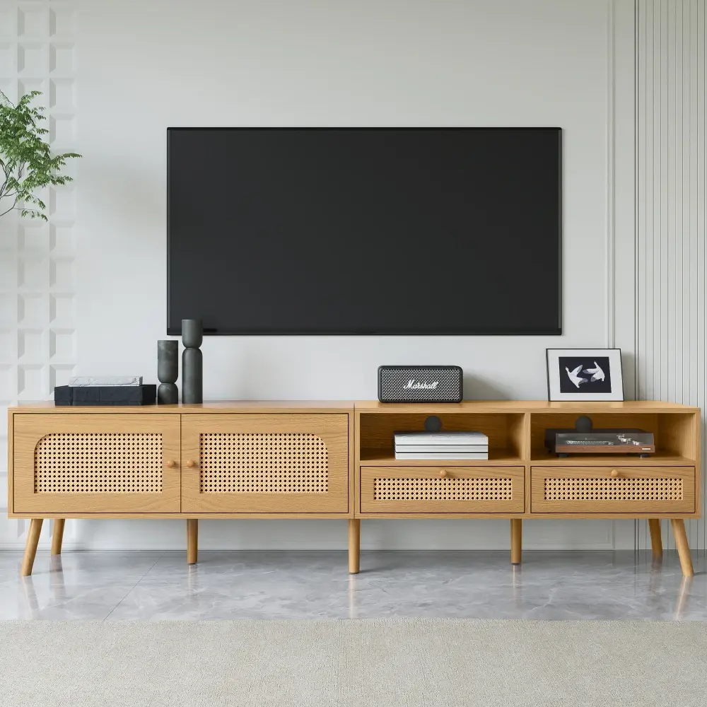 Bohemian Style TV Stand for TVs Up To 85 Inches, Entertainment Center with Solid Wood Legs, Living Room TV Stand Tv Stand