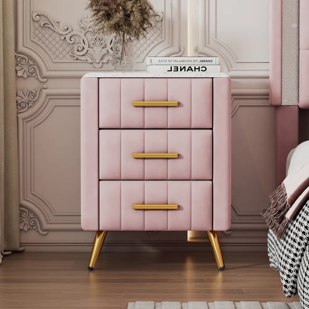 Upholstered Wooden Nightstand with 3 Drawers and Metal Legs&Handles, Bedside Table with Marbling Worktop - Pink Nightstand