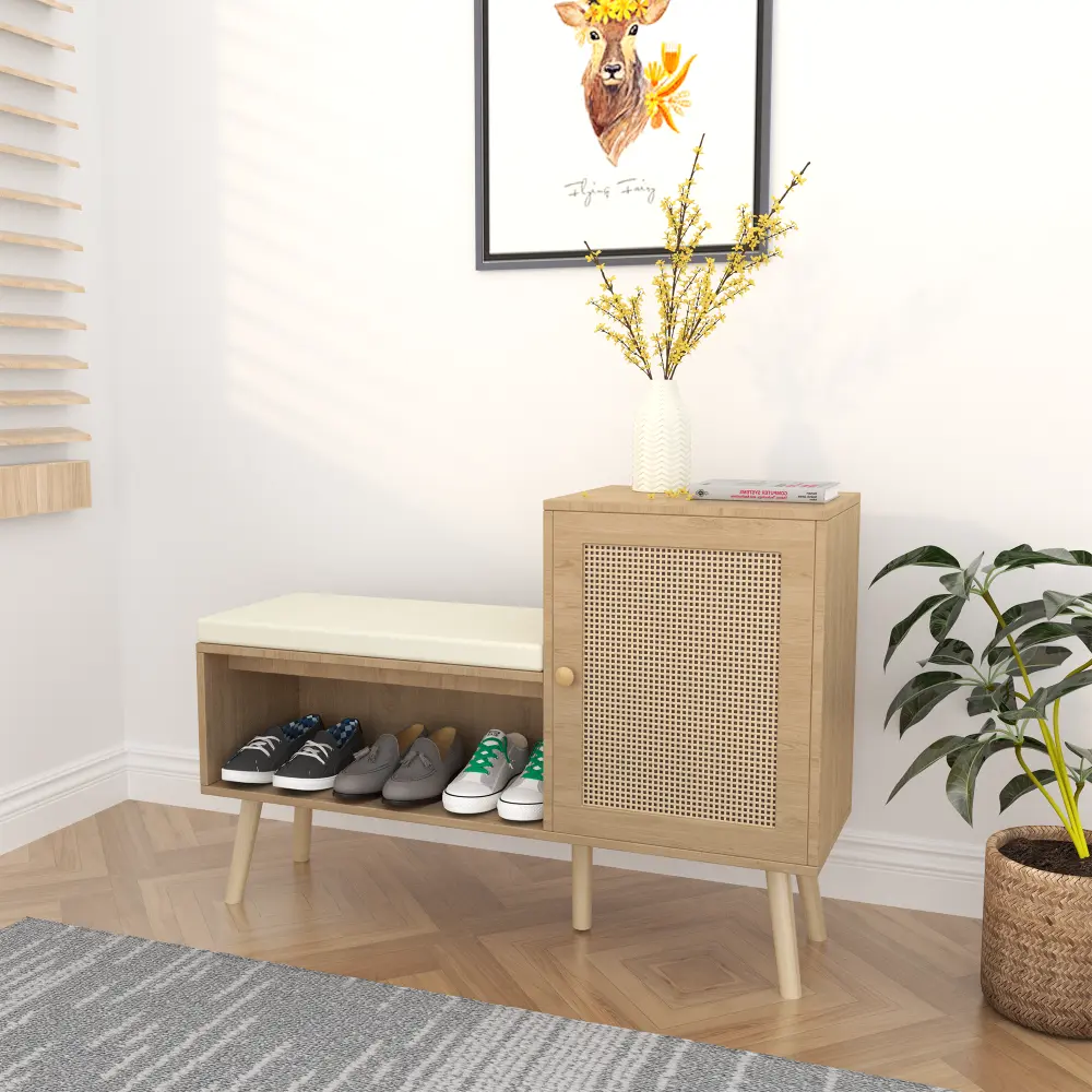 2-in-1 Shoe Cabinet, Natural Rattan Shoe Cabinet with 2 Adjustable Shelves and Removable Seat Cushion Shoe Rack