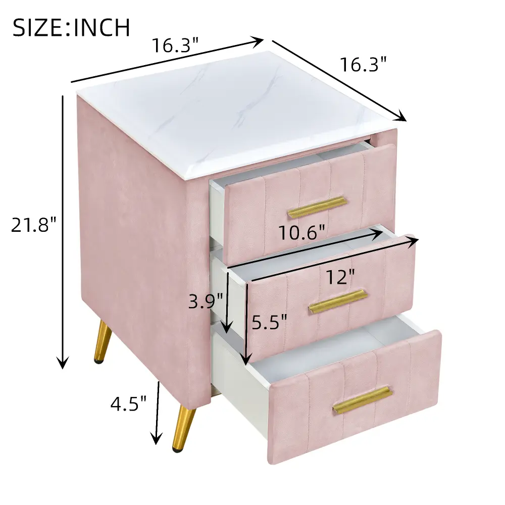 Upholstered Wooden Nightstand with 3 Drawers and Metal Legs&Handles, Bedside Table with Marbling Worktop - Pink Nightstand