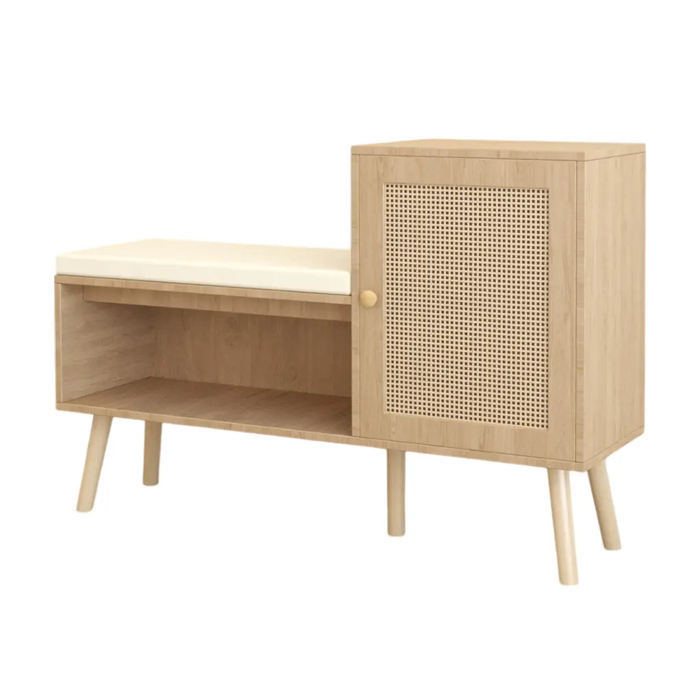 2-in-1 Shoe Cabinet, Natural Rattan Shoe Cabinet with 2 Adjustable Shelves and Removable Seat Cushion Shoe Rack