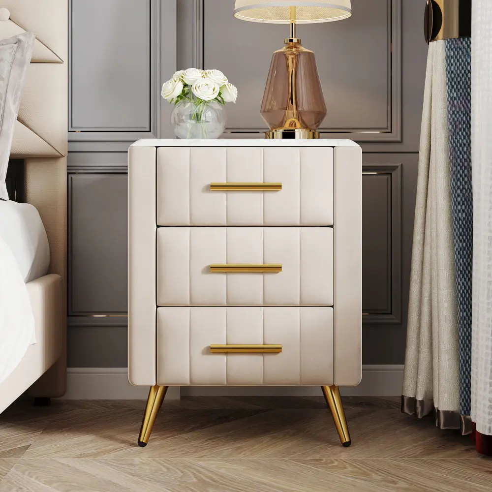 Upholstered Wooden Nightstand with 3 Drawers and Metal Legs&Handles, Bedside Table with Marbling Worktop - Pink Nightstand
