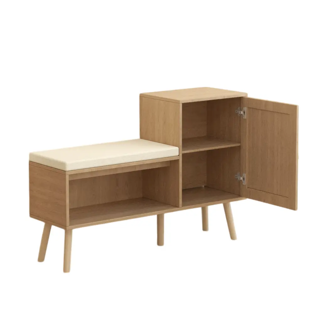2-in-1 Shoe Cabinet, Natural Rattan Shoe Cabinet with 2 Adjustable Shelves and Removable Seat Cushion Shoe Rack