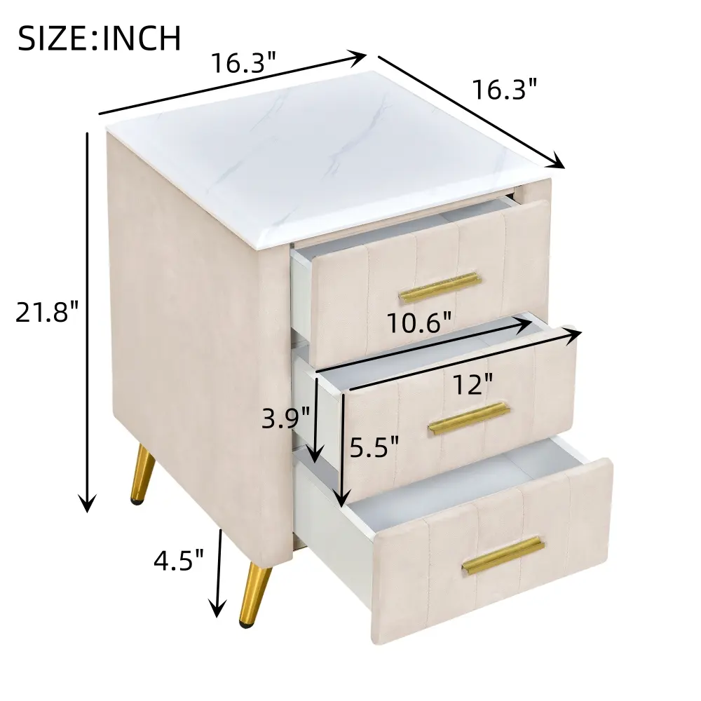 Upholstered Wooden Nightstand with 3 Drawers and Metal Legs&Handles, Bedside Table with Marbling Worktop - Pink Nightstand
