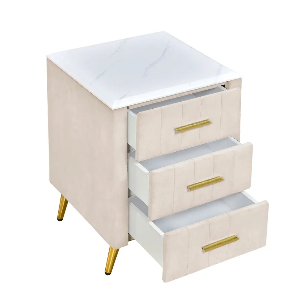 Upholstered Wooden Nightstand with 3 Drawers and Metal Legs&Handles, Bedside Table with Marbling Worktop - Pink Nightstand