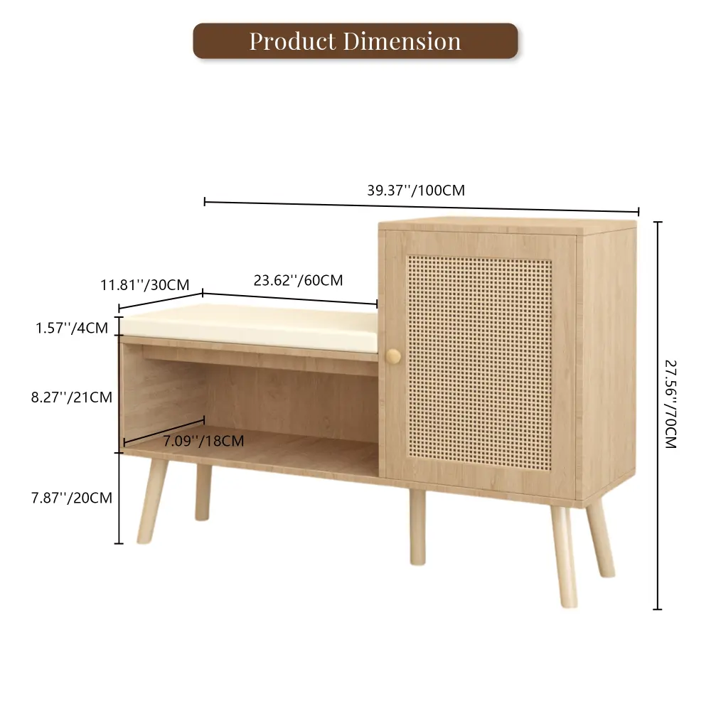 2-in-1 Shoe Cabinet, Natural Rattan Shoe Cabinet with 2 Adjustable Shelves and Removable Seat Cushion Shoe Rack