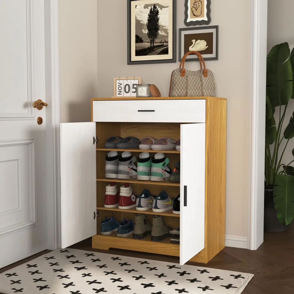 Shoe Cabinet, 4-Tier Shoe Rack Organizer with 1 Drawer with 2 White Doors and Adjustable Shelves Shoe Cabinets  Furniture