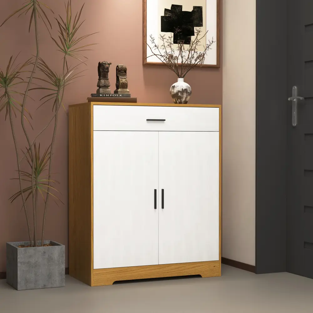 Shoe Cabinet, 4-Tier Shoe Rack Organizer with 1 Drawer with 2 White Doors and Adjustable Shelves Shoe Cabinets  Furniture