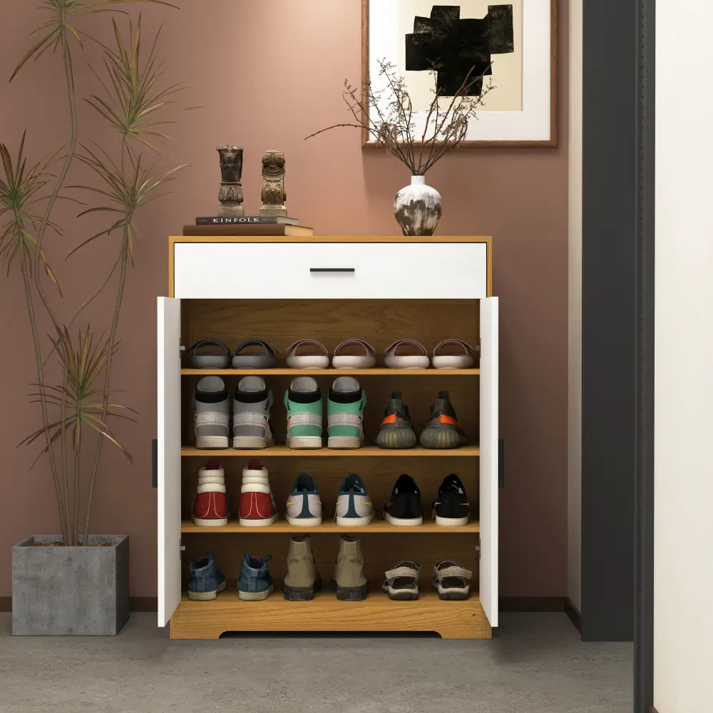 Shoe Cabinet, 4-Tier Shoe Rack Organizer with 1 Drawer with 2 White Doors and Adjustable Shelves Shoe Cabinets  Furniture
