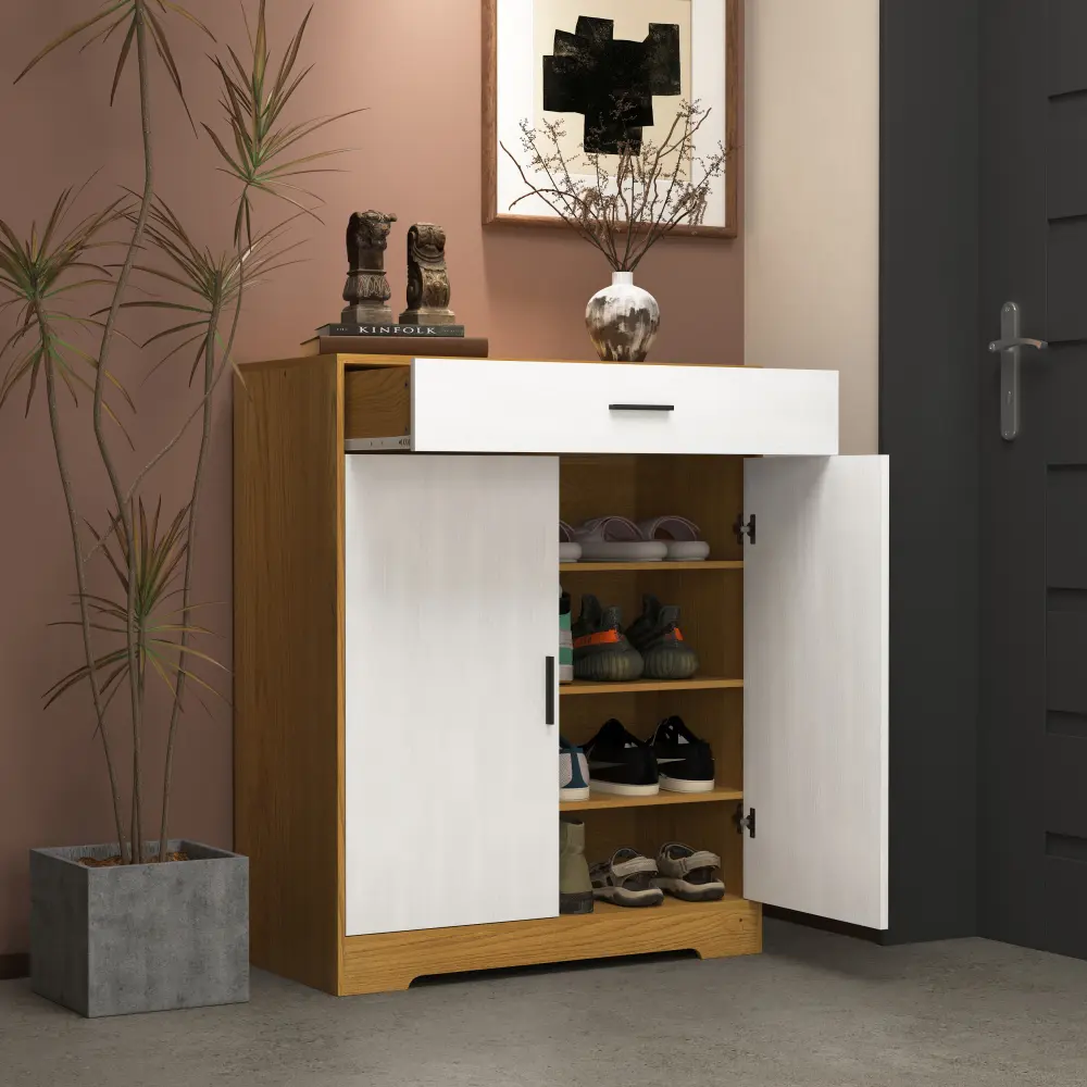Shoe Cabinet, 4-Tier Shoe Rack Organizer with 1 Drawer with 2 White Doors and Adjustable Shelves Shoe Cabinets  Furniture