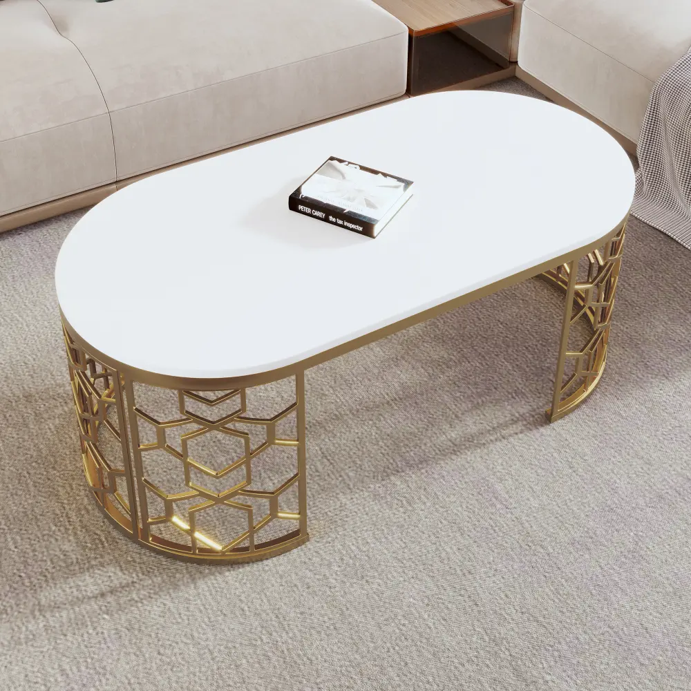 Modern Oval Coffee Table with Cut-Out Pattern Metal Stainless Steel Frame in 47.2" Coffe Table