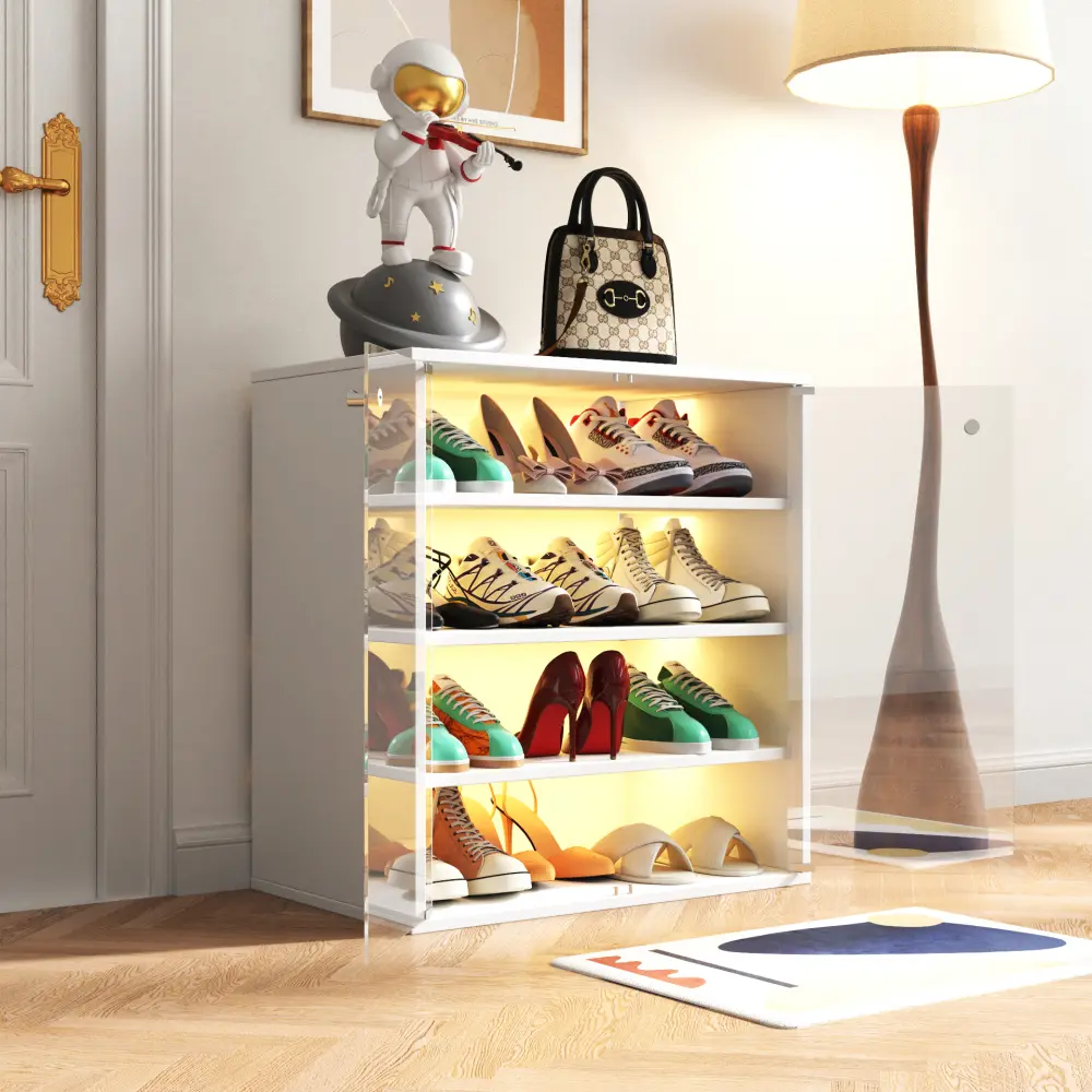 Shoe Box with RGB LED Light, Wooden Stackable Shoe Storage Box with Glass Door, Sneaker Display Box Shoe Cabinets