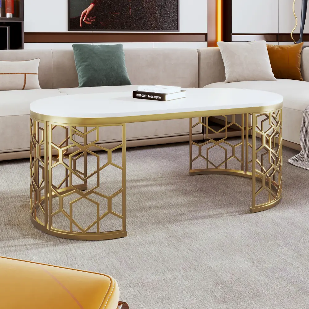 Modern Oval Coffee Table with Cut-Out Pattern Metal Stainless Steel Frame in 47.2" Coffe Table