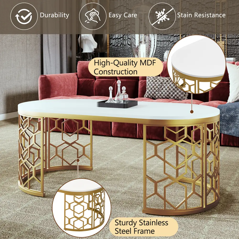 Modern Oval Coffee Table with Cut-Out Pattern Metal Stainless Steel Frame in 47.2" Coffe Table
