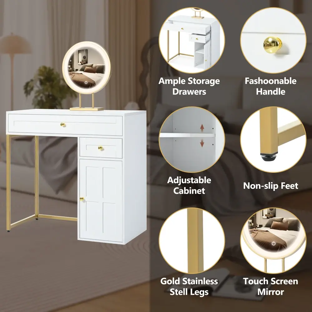 31.5 Inch Dressing Table with Lighted Mirror, Luxury Dressing Table with 2 Drawers 1 Cabinet, 3 Lighting Modes for Bedroom