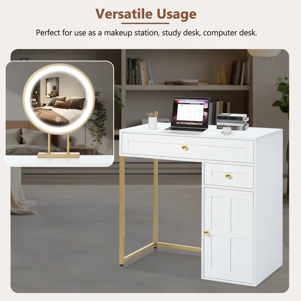 31.5 Inch Dressing Table with Lighted Mirror, Luxury Dressing Table with 2 Drawers 1 Cabinet, 3 Lighting Modes for Bedroom