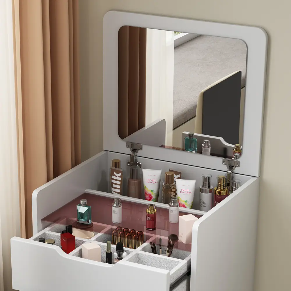 3 in 1 Dressing Table with Flip-up Mirror, Small Makeup Vanity Set with Viewing Glass Tabletop, Compact Makeup Vanity Dressers