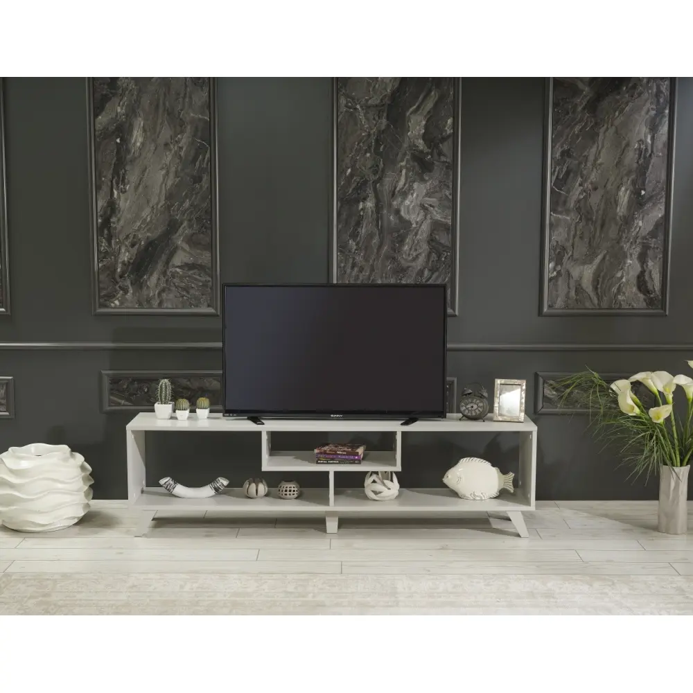 Mid Century Modern Tv Stand Open Shelving Entertainment Centre 67 Inch Tv Unit, Grey  Tv Stand Living Room Furniture