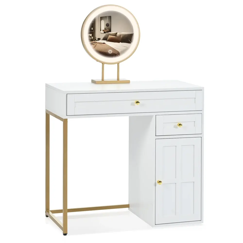 31.5 Inch Dressing Table with Lighted Mirror, Luxury Dressing Table with 2 Drawers 1 Cabinet, 3 Lighting Modes for Bedroom