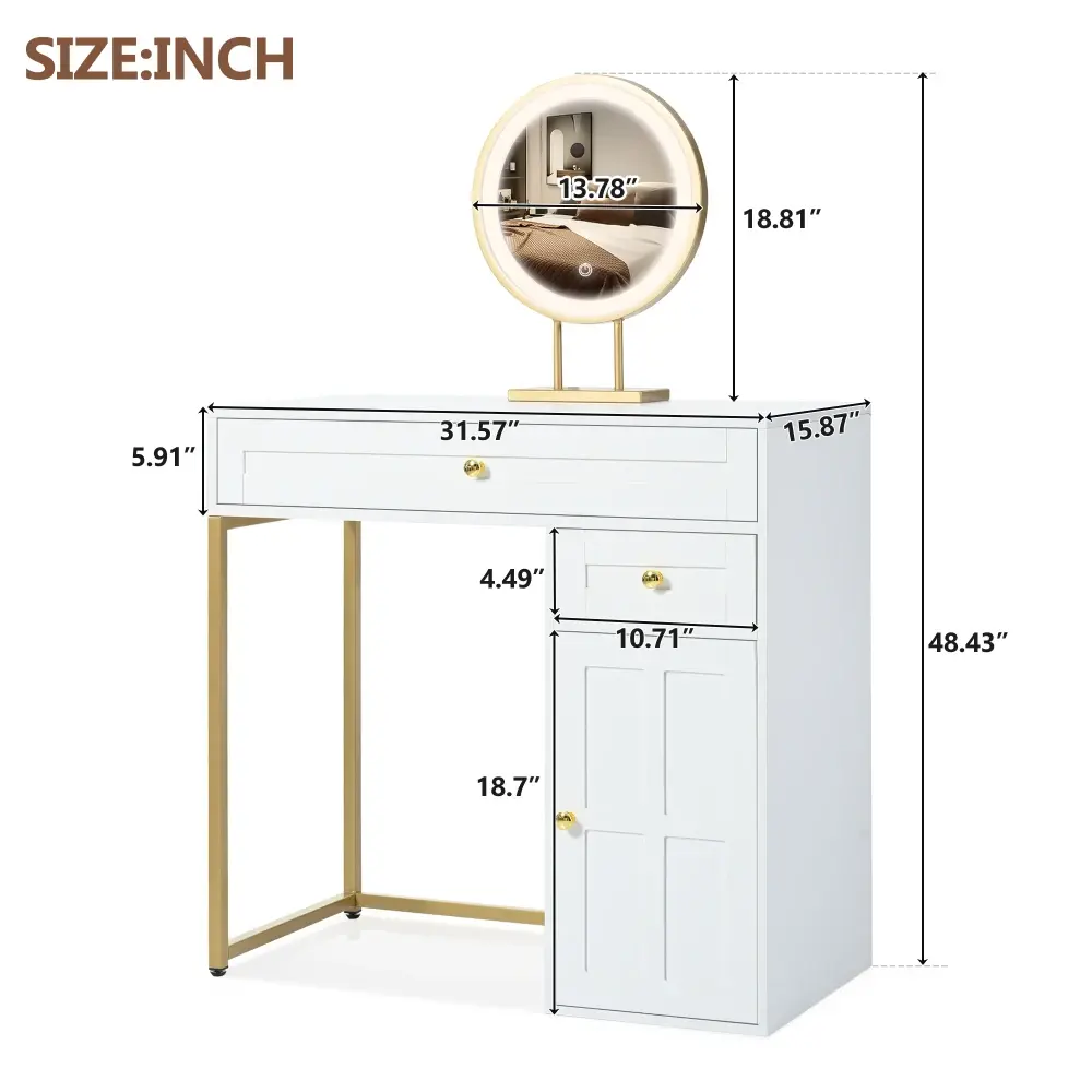 31.5 Inch Dressing Table with Lighted Mirror, Luxury Dressing Table with 2 Drawers 1 Cabinet, 3 Lighting Modes for Bedroom