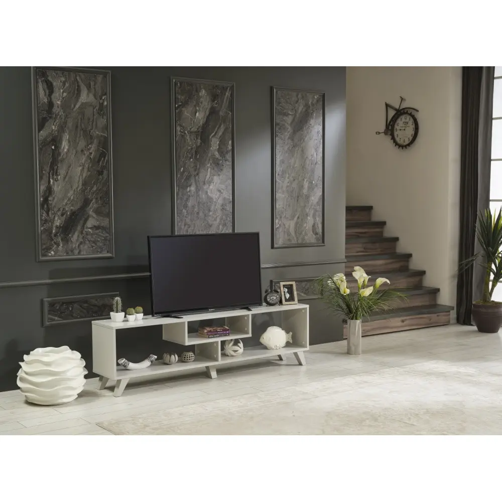 Mid Century Modern Tv Stand Open Shelving Entertainment Centre 67 Inch Tv Unit, Grey  Tv Stand Living Room Furniture