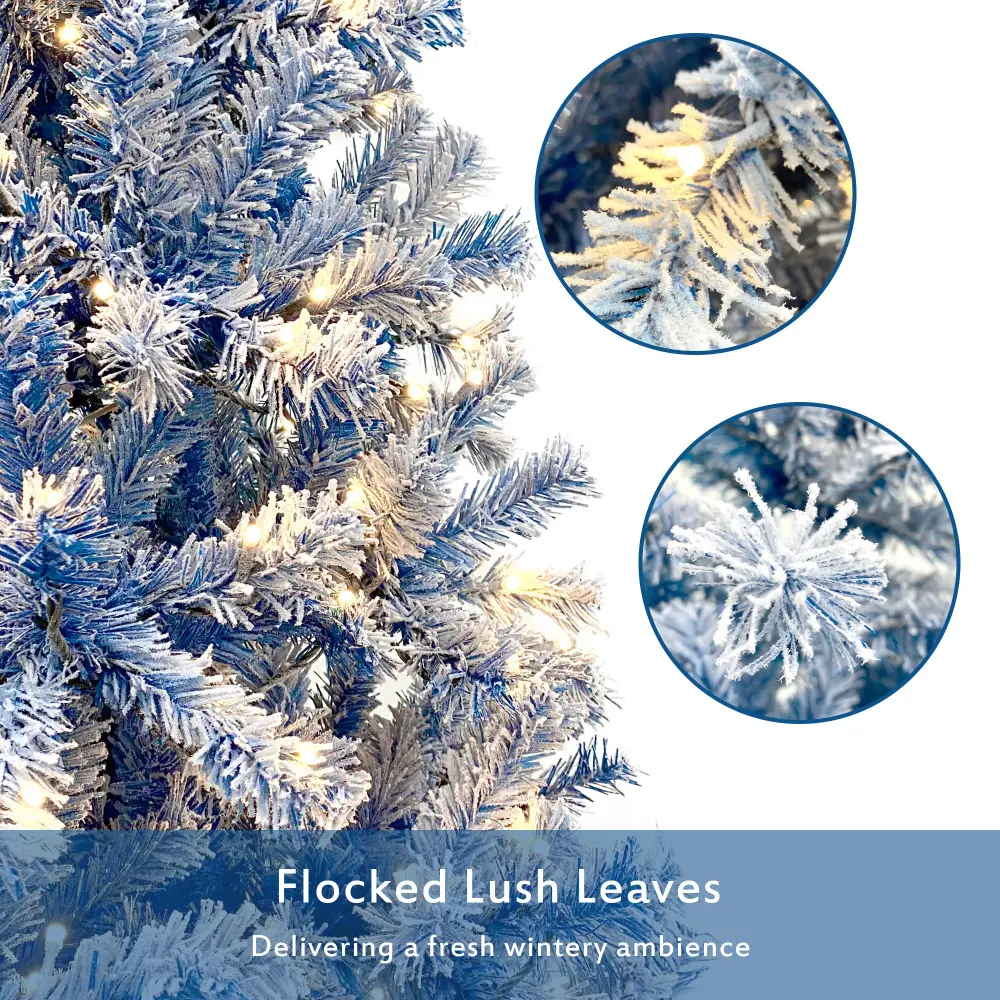6FT Pre-Lit Hinged Artificial Fir ChristmasTree Xmas Tree Snow Flocked Artificial Holiday Christmas Tree w/750 Branch Tips X-mas