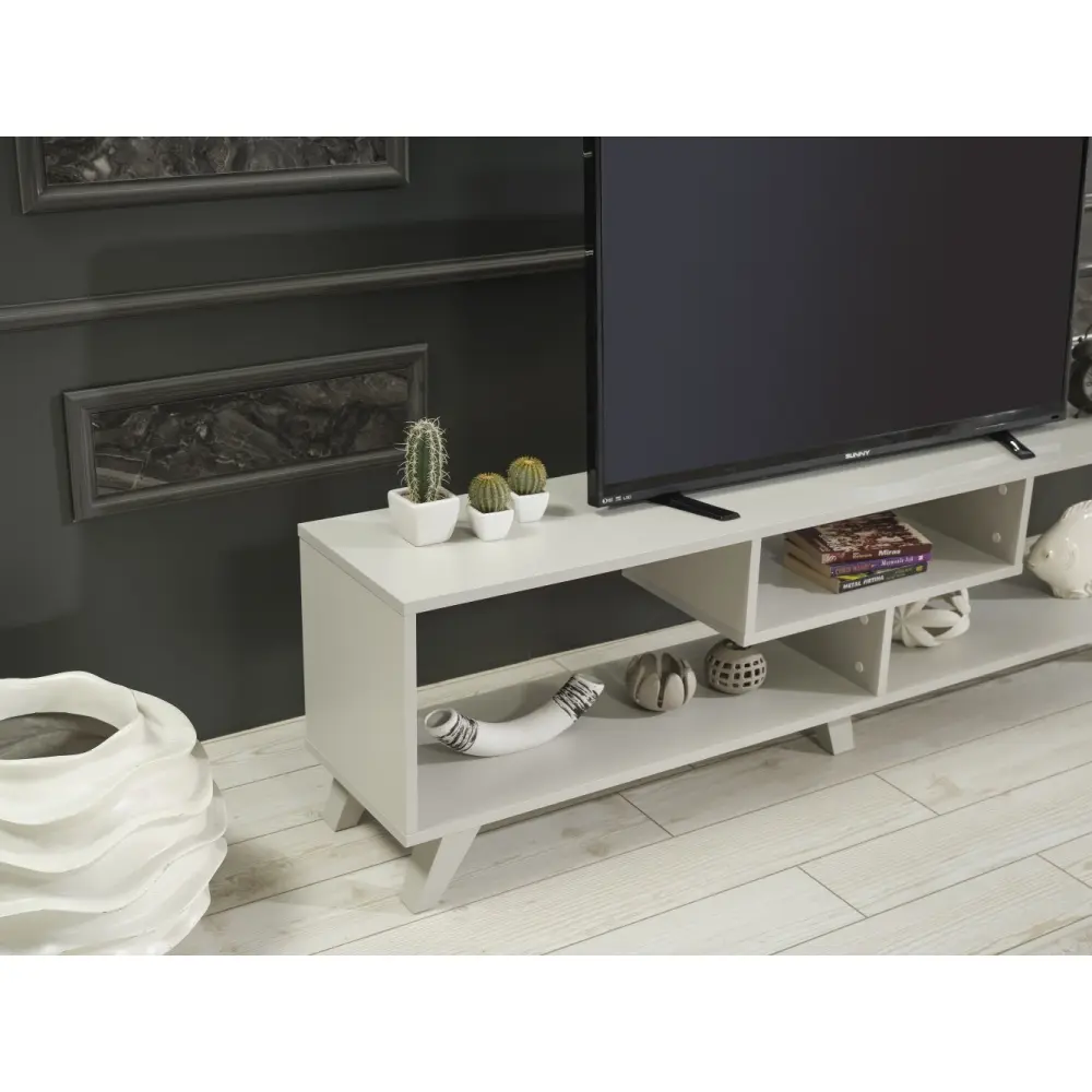 Mid Century Modern Tv Stand Open Shelving Entertainment Centre 67 Inch Tv Unit, Grey  Tv Stand Living Room Furniture