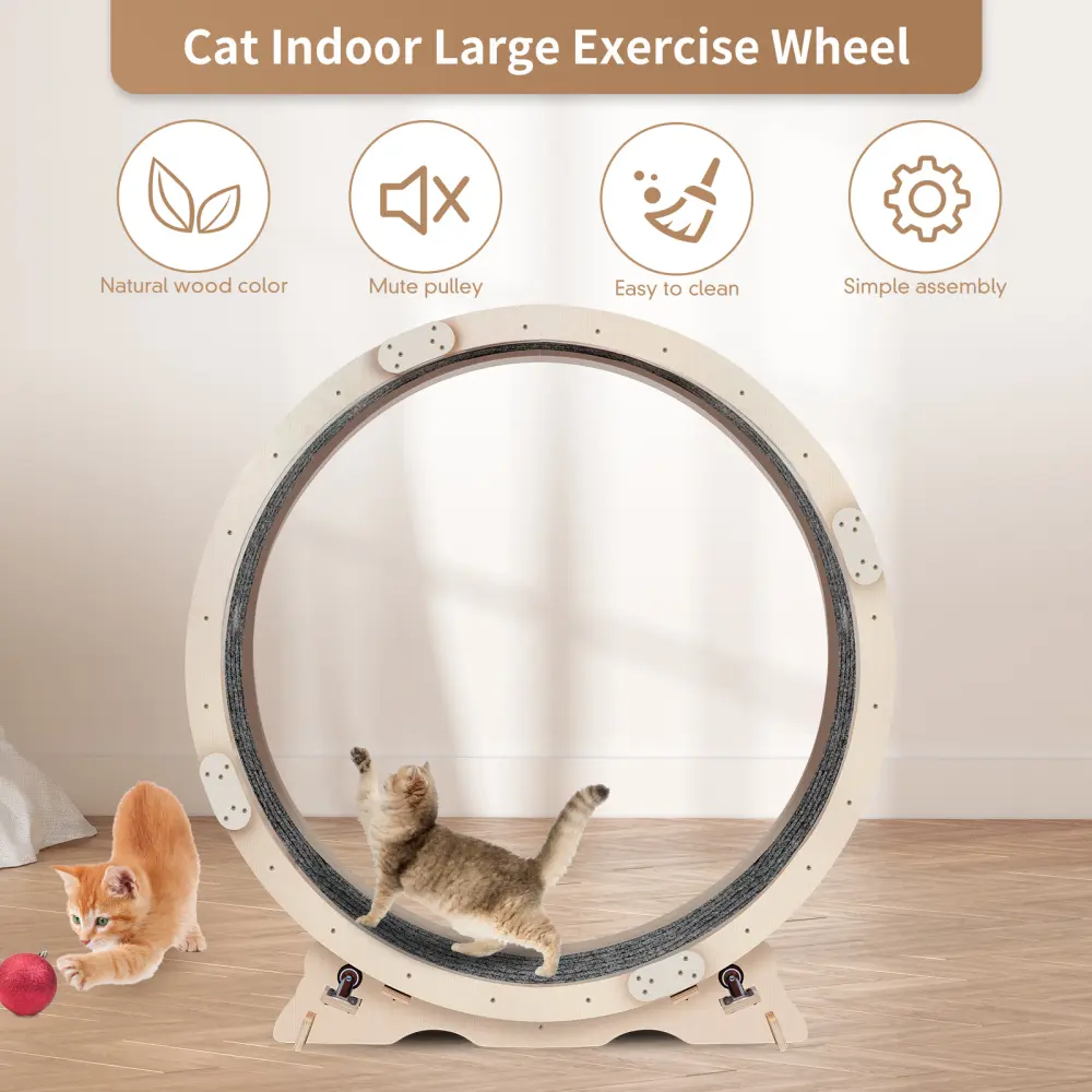 Cat Exercise Wheel for Indoor Cats, Cat Running Wheel with Carpeted Runway, 41" Natural Wood Color Cat Wheel  Cat Toys