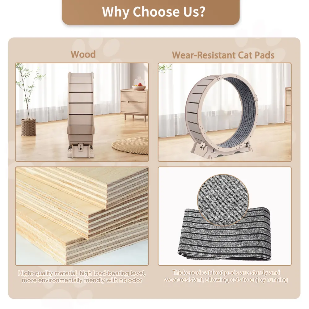 Cat Exercise Wheel for Indoor Cats, Cat Running Wheel with Carpeted Runway, 41" Natural Wood Color Cat Wheel  Cat Toys