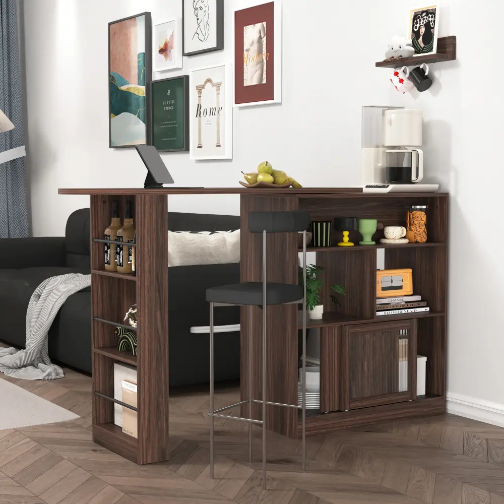 Modern Wine Cabinet with Rotating Top, 6 Storage Spaces and 2 Ribbed Glass Doors and 3 Storage Shelves