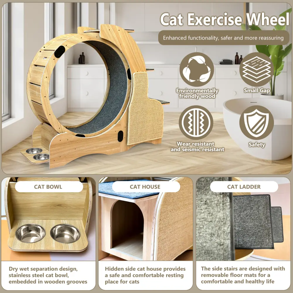 5 in 1 Cat Exercise Running Wheel, Cat Wheel Wooden Climbing Frame, Exercise Wheel Cat Wheel