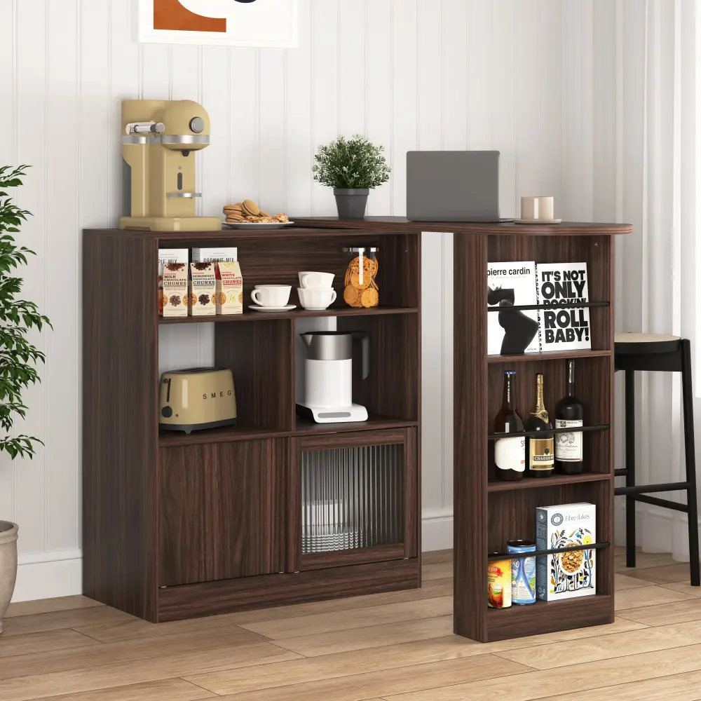 Modern Wine Cabinet with Rotating Top, 6 Storage Spaces and 2 Ribbed Glass Doors and 3 Storage Shelves