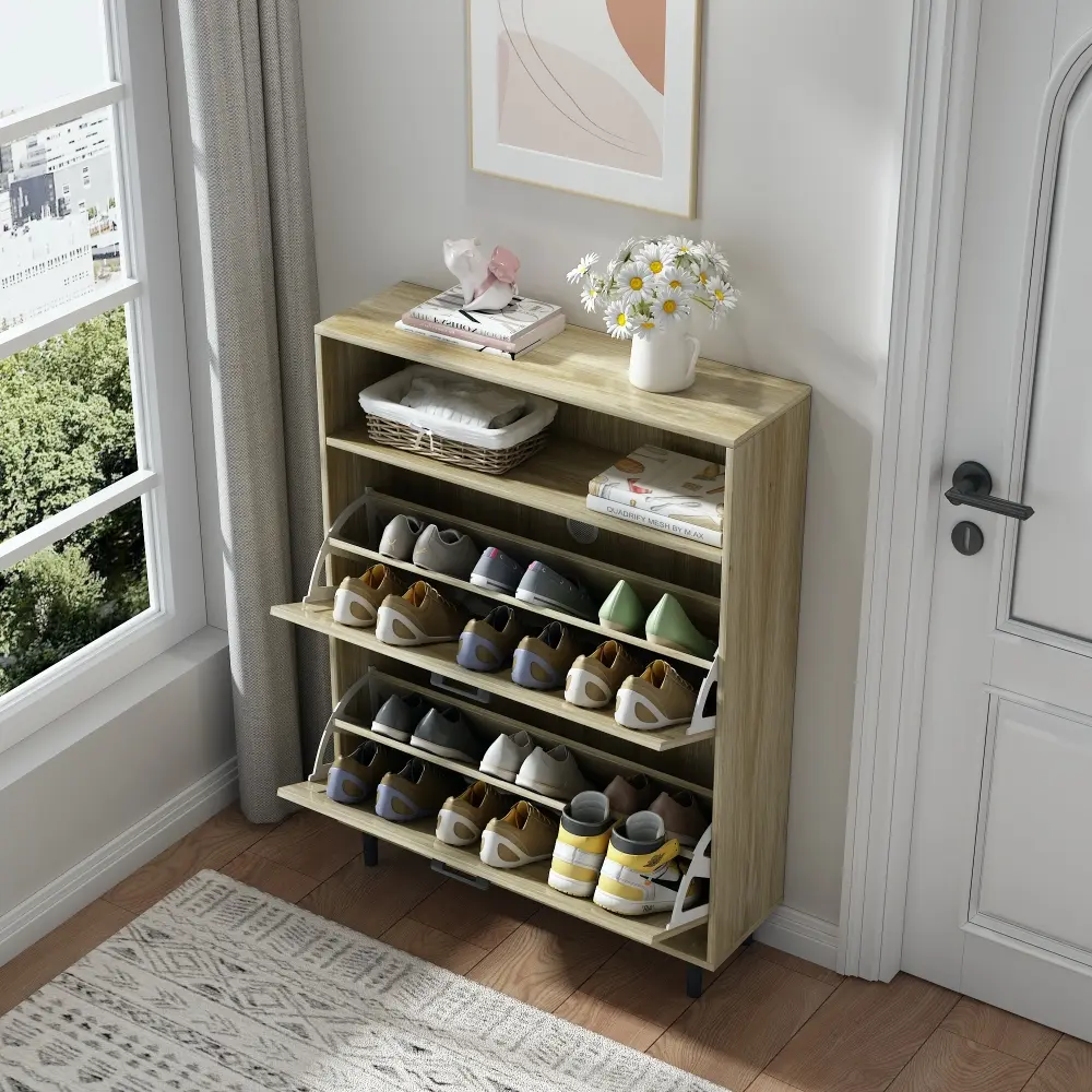 Farmhouse Shoe Cabinet with Barn Door Design, Shoe Organizer with 2 Flip Top Drawers Shoe Rack  Home Furniture