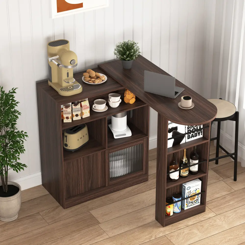 Modern Wine Cabinet with Rotating Top, 6 Storage Spaces and 2 Ribbed Glass Doors and 3 Storage Shelves