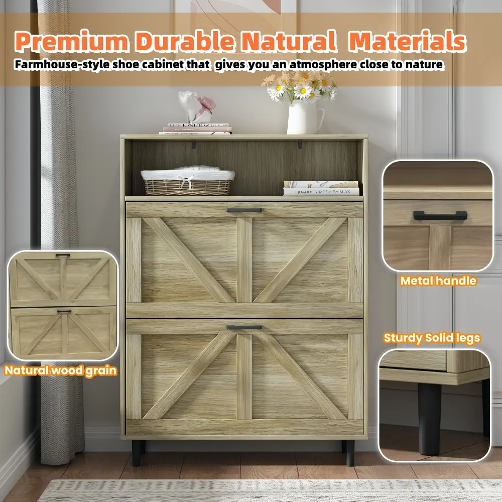 Farmhouse Shoe Cabinet with Barn Door Design, Shoe Organizer with 2 Flip Top Drawers Shoe Rack  Home Furniture