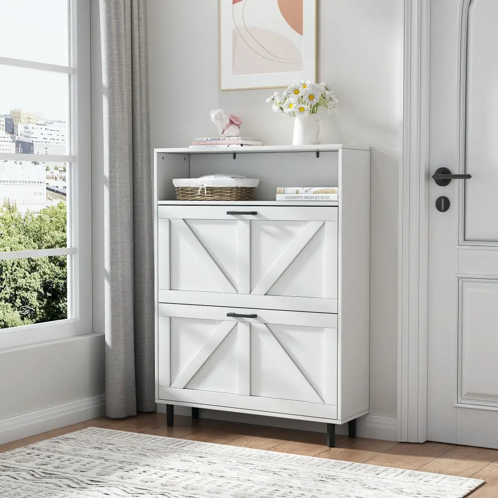 Farmhouse Shoe Cabinet with Barn Door Design, Shoe Organizer with 2 Flip Top Drawers Shoe Rack  Home Furniture