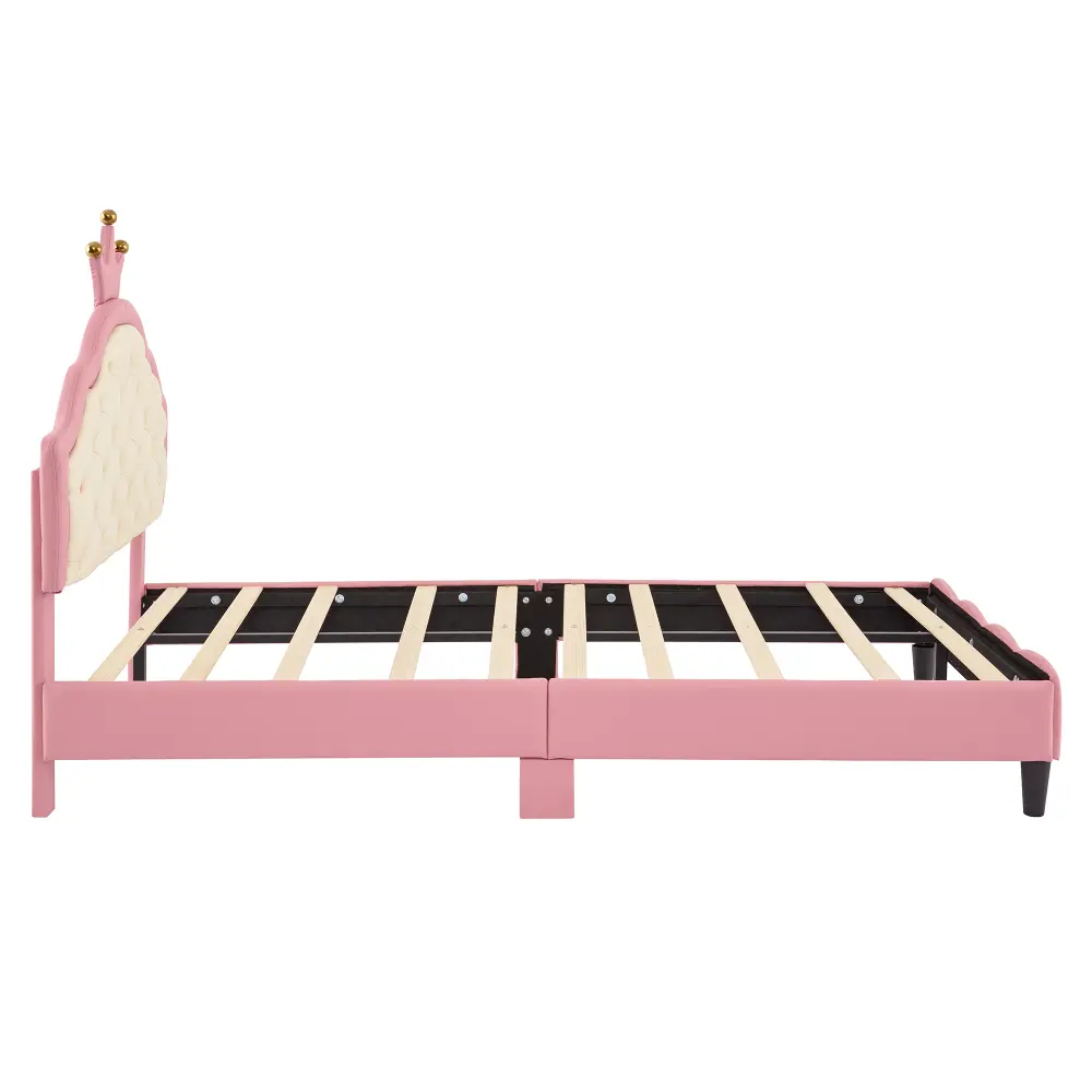 Twin Size  Lovely Crown Fantasy PU Leather Princess Bed with Tufted Headboard, Pink+Cream Bed Frame
