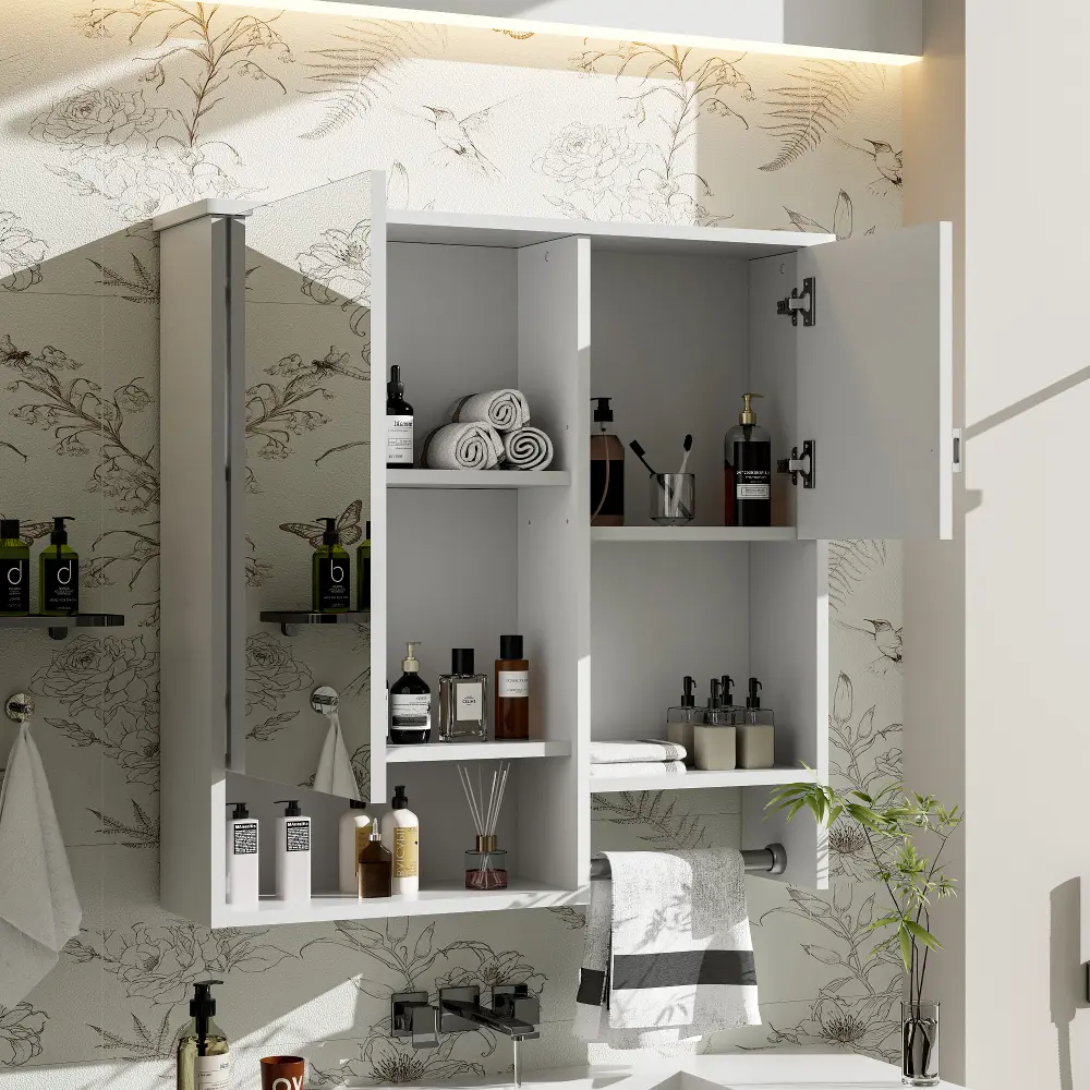 29'' X 28'' Modern Bathroom Wall Mount Storage Cabinet with Mirror, Space Saver Storage Cabinet Above Toilet with Towel Bar