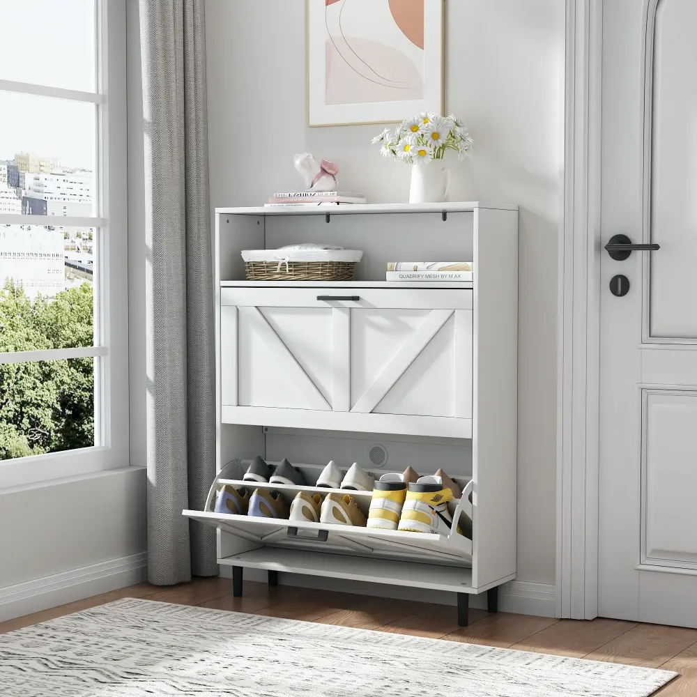 Farmhouse Shoe Cabinet with Barn Door Design, Shoe Organizer with 2 Flip Top Drawers Shoe Rack  Home Furniture
