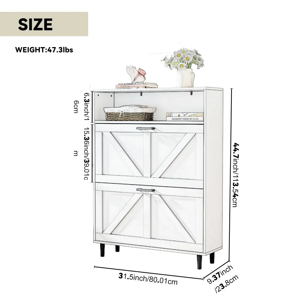 Farmhouse Shoe Cabinet with Barn Door Design, Shoe Organizer with 2 Flip Top Drawers Shoe Rack  Home Furniture