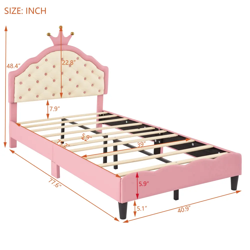 Twin Size  Lovely Crown Fantasy PU Leather Princess Bed with Tufted Headboard, Pink+Cream Bed Frame