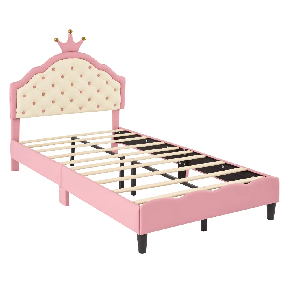 Twin Size  Lovely Crown Fantasy PU Leather Princess Bed with Tufted Headboard, Pink+Cream Bed Frame