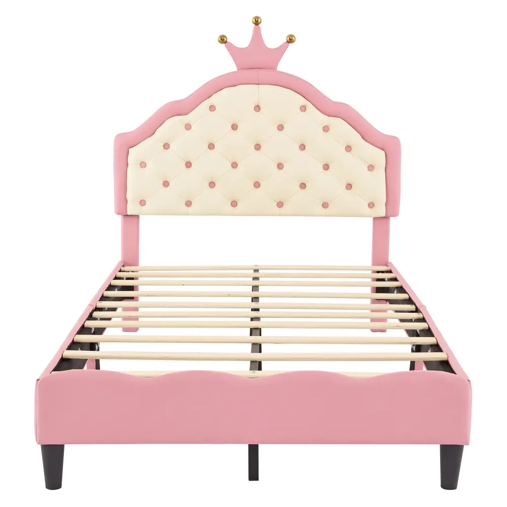 Twin Size  Lovely Crown Fantasy PU Leather Princess Bed with Tufted Headboard, Pink+Cream Bed Frame