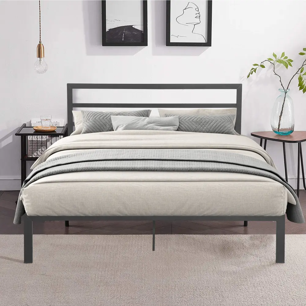 Queen Size Metal Bed Frame with Headboard Charcoal Grey Bedroom Furniture  Bed Frame