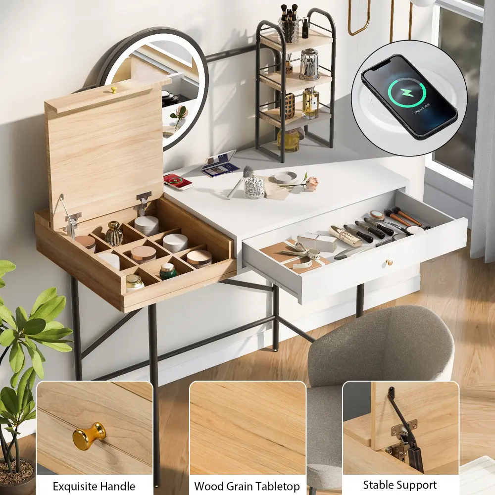 40" Makeup Vanity with 3-Mode Lighted Mirror and Wireless Charging Station Dressers for Bedroom  Dressers  Vanity Desk
