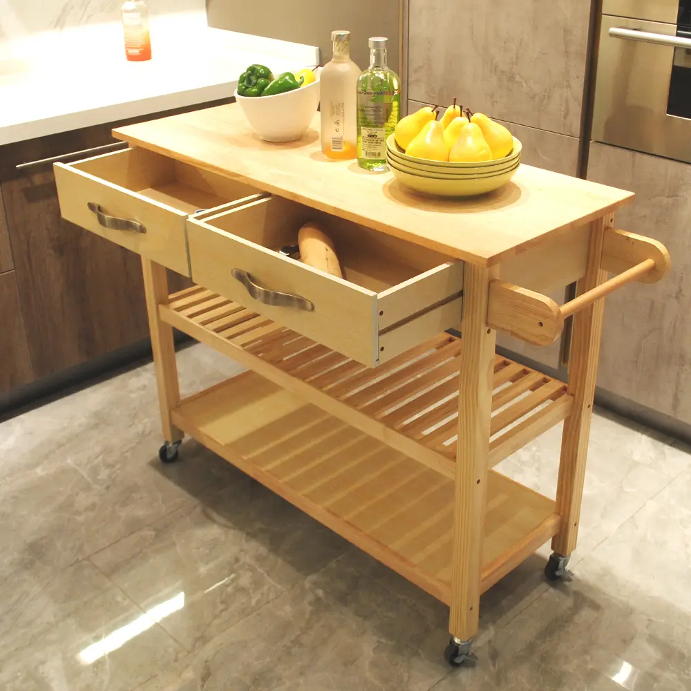 Kitchen Island and Kitchen Trolley, Mobile Kitchen Island with Two Lockable Wheels, Rubber Wood Top Rolling Cart Kitchen Cart